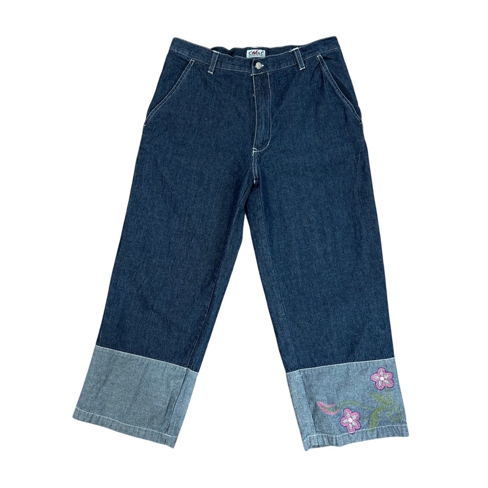 Vtg Dark Wash Embroidered Floral Crop Wide Leg‎ capri Jeans 28" coquette granny